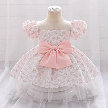 פרח בנות פאף שרוול מתוק קשת השמלה ילדים ילדה הפעוט ילדים פרחוני שמלת נשף 70cm-90cm