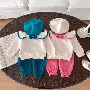 2023 אביב סתיו קוריאני בנות תינוק 2PCS סט בגדים כותנה שרוול ארוך Knotbow Pullovers חליפת מכנסיים פעוטות בנות תלבושות