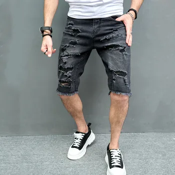 אנשים חדשים קיץ מכנסי ג ' ינס קצרים אופנת רחוב מסוגננת גברים חורים סלים החוף מזדמנים מכנסיים קצרים