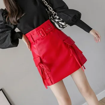 סתיו אדום PU קצר חצאית עור עם כיסים גבוהה המותניים עם חגורת עור מלאכותי קו תרמיל חצאית מיני