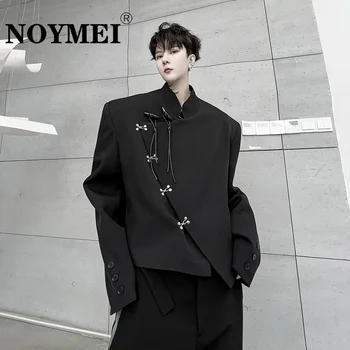 NOYMEI גברים החליפה המעיל Darkwear אחת עם חזה בסגנון סיני מתכת וו אבזם מוצק צבע מזג לעמוד צווארון מעיל WA1104
