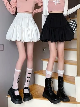 יפן מתוק נשים גבוהה המותניים כדור שמלה חצאית קיץ אופנה סקסית לבנה קו חצאית מיני אביזרי סגנון תלמיד קוריאני חצאית