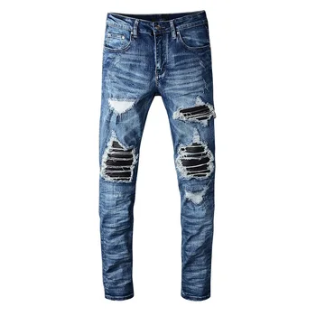 שטף במצוקה אור כחול צלעות תיקונים Slim Fit ג 'ינס מתיחה גבוה רזה נזק חור אופנת רחוב, אופנה ג' ינס מכנסיים