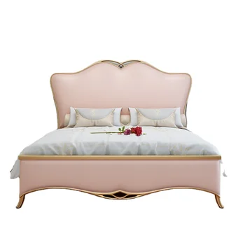 צרפתי יוקרתי מודרני מעץ מלא מיטה זוגית 1.8 מ ' מאסטר המלך ילדה נסיכה מיטה ורוד עור אמיתי מיטת הכלולות