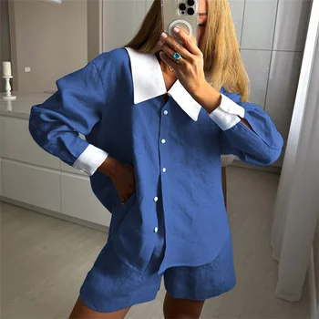 Clothland נשים אלגנטי כחול רויאל חולצה חליפה שרוול ארוך בודד עם חזה החולצה מיני בוקסר חמוד שתי חתיכה להגדיר TA176