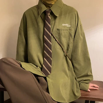 Gmiixdermen היפנית של אביזרי החולצה מתאימה רופף ארוך שרוולים כפתור דש החולצה עניבה גוניים אביזרי וינטג החולצה הירוקה העליונה.