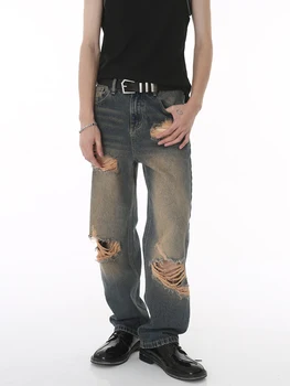 Y2k קרע ג 'ינס לגברים רחב הרגל מכנסיים היפ הופ במצוקה ג' ינס מכנסיים זכר מזדמן בציר אופנת רחוב יפנית.