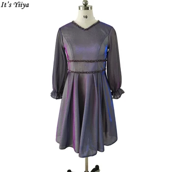 זה Yiiya שמלת נשף נוצץ סגול חרוזים V-צוואר מלא שרוולים באורך הברך רוכסן בחזרה בתוספת נשים גודל המפלגה לבוש רשמי A2396