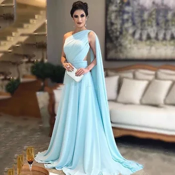 אלגנטי כחול אמא של שמלת הכלה כתף אחת עם קפלים שיפון ארוך הסעודית ערבית נשף שמלות ערב עבור מסיבת החתונה.