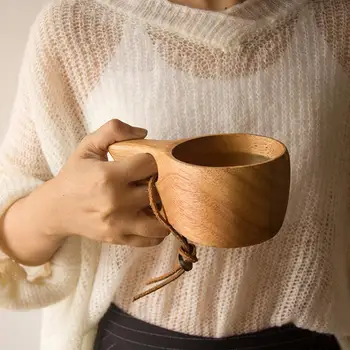 Offee כוס טבעי שיזף עץ כוס תה עם Handgrip חלב נסיעות יין בירה בכוסות הביתה בר גאדג ' טים למטבח