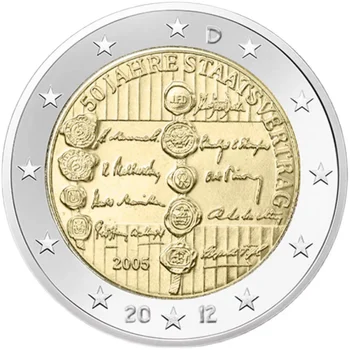 אוסטריה 50 יום השנה ה הארצית. של חוזה 2005, 2 יורו מטבע זכרון דוד 100% מקורי